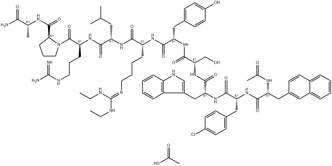 D-Alaninamide, N-acetyl-3-(2-naphthalenyl)-D-alanyl-4-chloro-D-phenylalanyl-D-tryptophyl-L-seryl-L-tyrosyl-N6-[(ethylamino)(ethylimino)methyl]-D-lysyl-L-leucyl-L-arginyl-L-prolyl-, acetate (1:2) Structure