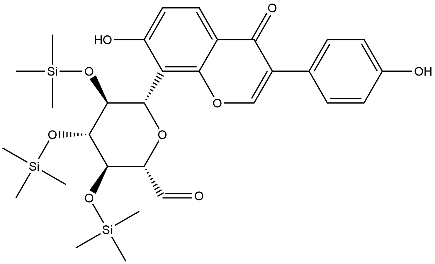 L-Gulose, 2,6-anhydro-6-C-[7-hydroxy-3-(4-hydroxyphenyl)-4-oxo-4H-1-benzopyran-8-yl]-3,4,5-tris-O-(trimethylsilyl)-, (6S)- 구조식 이미지