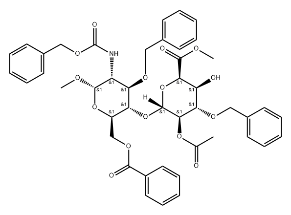 α-D-Glucopyranoside, methyl 4-O-[2-O-acetyl-6-methyl-3-O-(phenylmethyl)-α-L-idopyranuronosyl]-2-deoxy-2-[[(phenylmethoxy)carbonyl]amino]-3-O-(phenylmethyl)-, 6-benzoate Structure