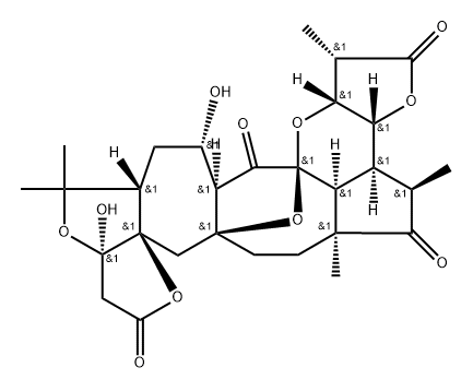 2H,8H-7a,16a-Epoxy-10H-3,9,12,17-tetraoxacyclopent[3',3'a]azuleno[6',5':5,6]cyclooct[1,2,3-cd]-as-indacene-2,5,10,16(1H,13H)-tetrone, tetradecahydro-11a,15-dihydroxy-1,4,5a,13,13-pentamethyl-, (1S,3aR,3bS,4R,5aS,7aS,8aR,11aR,13aS,15S,15aR,16aS,16bS,17aR)- 구조식 이미지