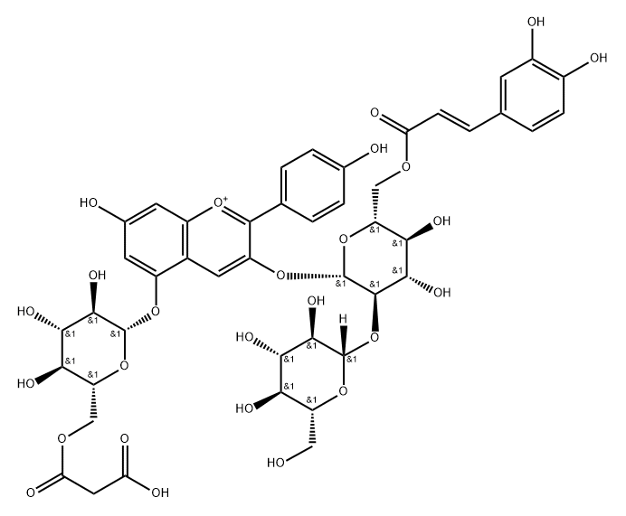 Pelargonidin 3-O-[6-O-(E)-Caffeoyl Sophoroside]-5-O-（6-O-malonyl）-β-D-glucoside Structure