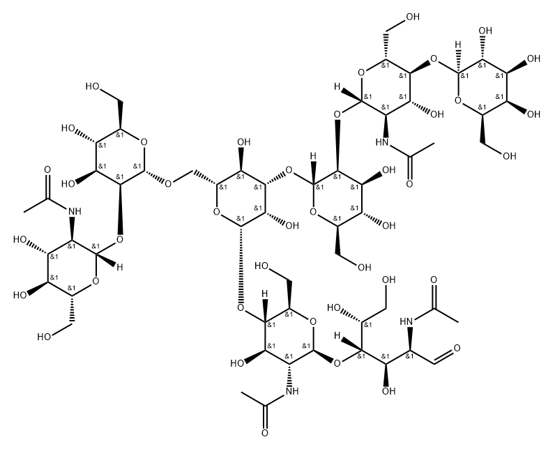 O-2-(Acetylamino)-2-deoxy-beta-D-glucopyranosyl-(1-2)-O-alpha-D-mannopyranosyl-(1-6)-O-[O-beta-D-galactopyranosyl-(1-4)-O-2-(acetylamino)-2-deoxy-beta-D-glucopyranosyl-(1-2)-alpha-D-mannopyranosyl-(1-3)]-O-beta-D-mannopyranosyl-(1-4)-O-2-(acetylamino)-2-deoxy-beta-D-glucopyranosyl-(1-4)-2-(acetylamino)-2-deoxy-D-glucose 구조식 이미지