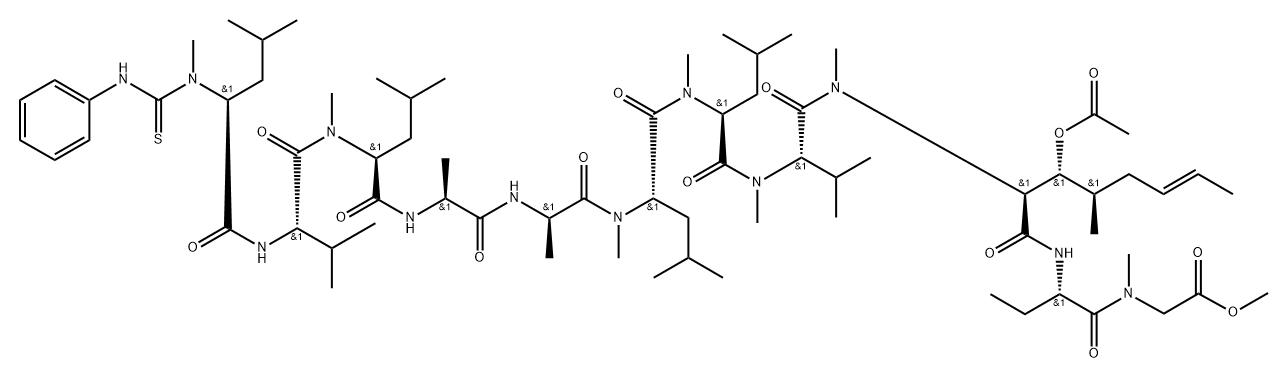 Glycine, N-methyl-N-[(phenylamino)thioxomethyl]-L-leucyl-L-valyl-N-methyl-L-leucyl-L-alanyl-D-alanyl-N-methyl-L-leucyl-N-methyl-L-leucyl-N-methyl-L-valyl-(2S,3R,4R,6E)-3-(acetyloxy)-4-methyl-2-(methylamino)-6-octenoyl-(2S)-2-aminobutanoyl-N-methyl-, methyl ester 구조식 이미지