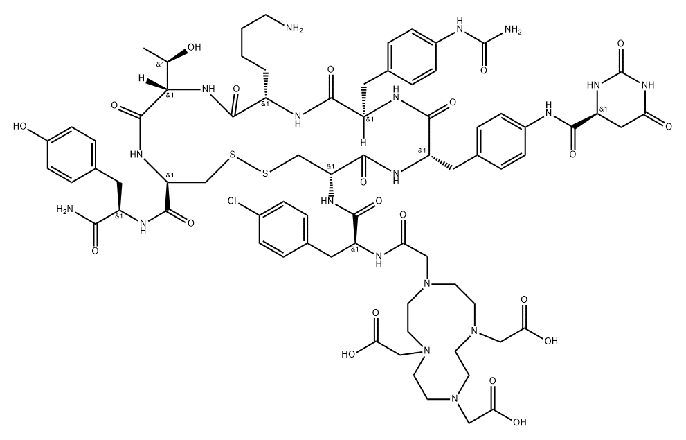 D-Tyrosinamide, 4-chloro-N-[2-[4,7,10-tris(carboxymethyl)-1,4,7,10-tetraazacyclododec-1-yl]acetyl]-L-phenylalanyl-D-cysteinyl-4-[[[(4S)-hexahydro-2,6-dioxo-4-pyrimidinyl]carbonyl]amino]-L-phenylalanyl-4-[(aminocarbonyl)amino]-D-phenylalanyl-L-lysyl-L-threonyl-L-cysteinyl-, cyclic (2→7)-disulfide Structure