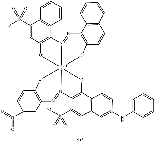 Trisodium (6-anilino-2-(5-nitro-2-oxidophenylazo)-3-sulfonato-1-naphtholato)(4-sulfonato-1,1'-azodi-2,2'-naphtholato)chromate(1-) Structure