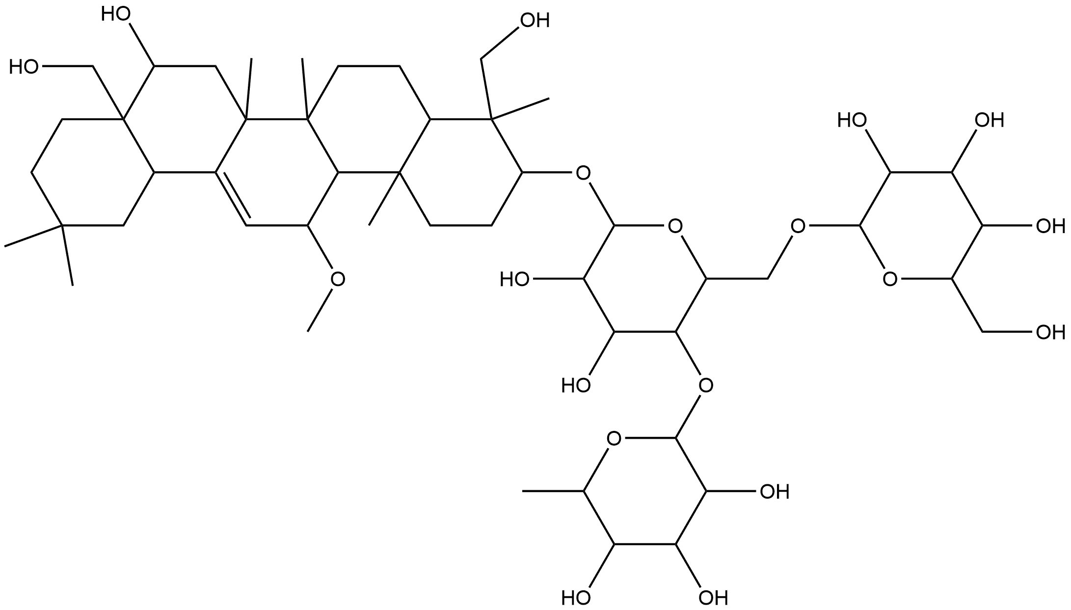 β-D-Glucopyranoside, (3β,4α,11α,16β)-16,23,28-trihydroxy-11-methoxyolean-12-en-3-yl O-6-deoxy-α-L-mannopyranosyl-(1→4)-O-[β-D-glucopyranosyl-(1→6)]- 구조식 이미지