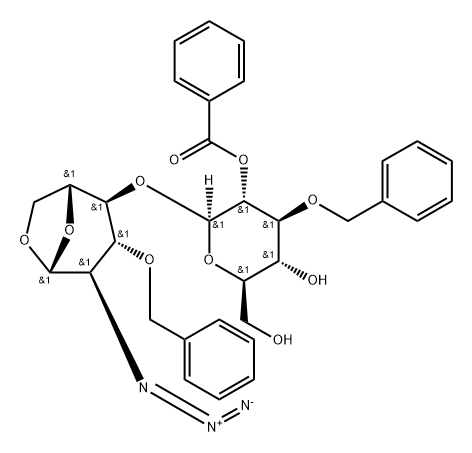 β-D-Glucopyranose, 1,6-anhydro-2-azido-4-O-[2-O-benzoyl-3-O-(phenylmethyl)-β-D-glucopyranosyl]-2-deoxy-3-O-(phenylmethyl)- 구조식 이미지