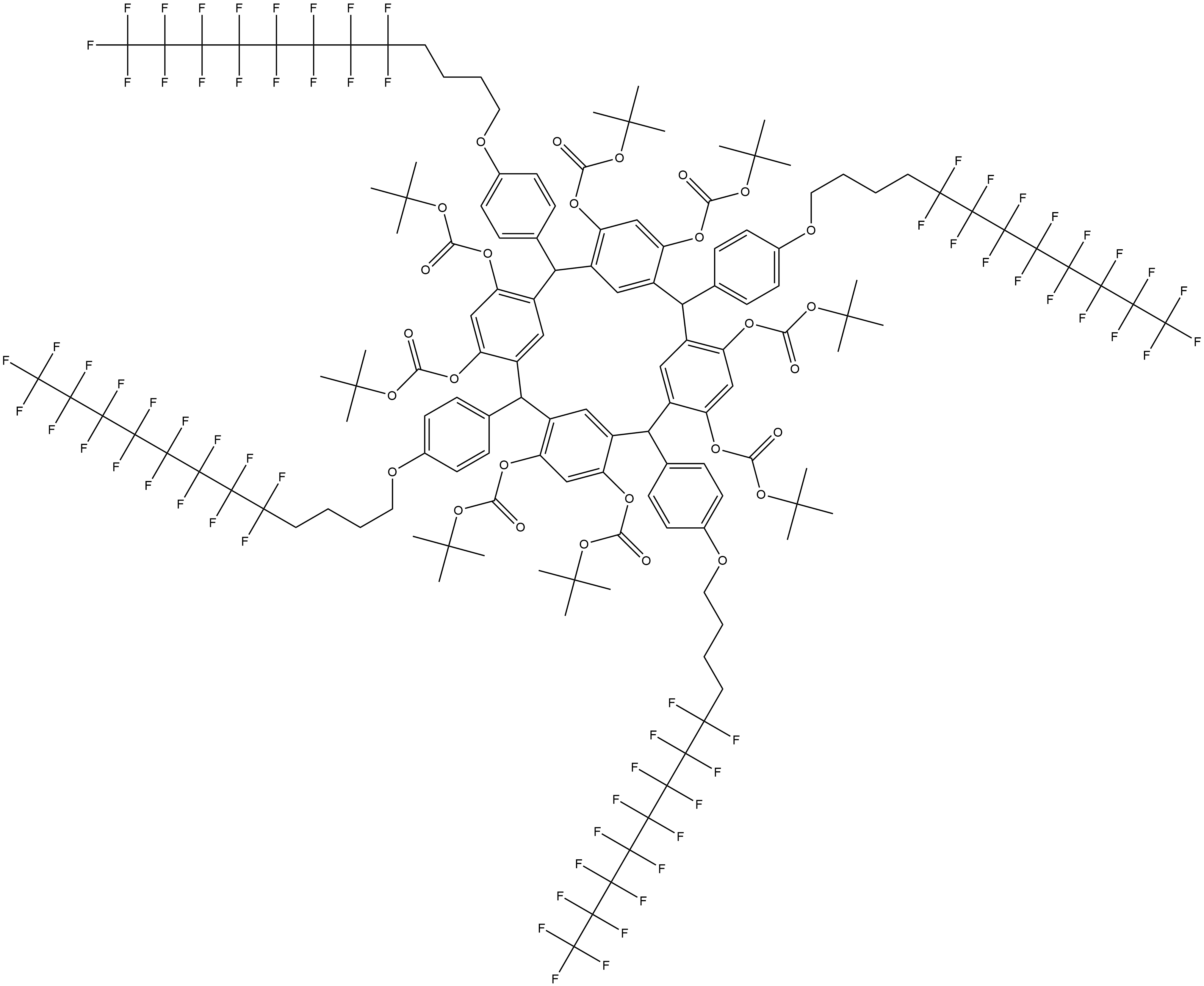 6,10,12,16,18,22,24-Heptakis(tert-butoxycarbonyloxy)-2,8,14,20-tetrakis[4-(5,5,6,6,7,7,8,8,9,9,10,10,11,11,12,12,12-heptadecafluorododecyloxy)phenyl]pentacyclo[19.3.1.1<3,7>.1<9,13>.1<15,19>]octacosa-1(25),3,5,7(26),9,11,13(27),15,17,19(28),21,23-dodecaen-4-yl (tert-butoxy)formate Structure