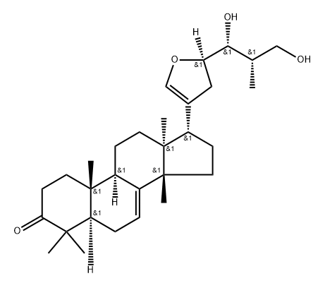 Lanosta-7,20-dien-3-one, 21,23-epoxy-24,26-dihydroxy-,(13a,14b,17a,23R,24R,25S)- Structure