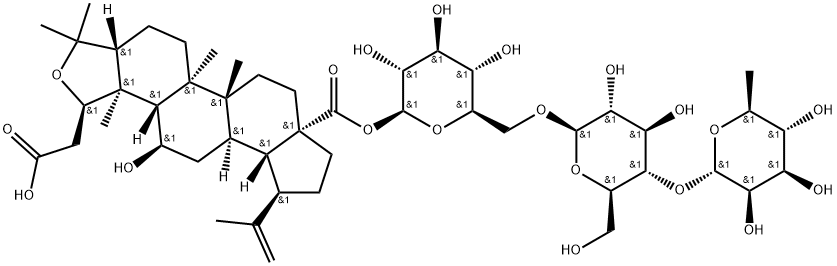 Androstano[3,4-c]furan-5'-acetic acid, 18-[(O-6-deoxy-α-L-mannopyranosyl-(1→4)-O-β-D-glucopyranosyl-(1→6)-β-D-glucopyranosyl)oxy]tetrahydro-6-hydroxy-2',2',4,9-tetramethyl-15-(1-methylethenyl)-18-oxo-, (3β,4α,5β,5'β,6β,8α,9β,10α,13α,14β,15β)- Structure