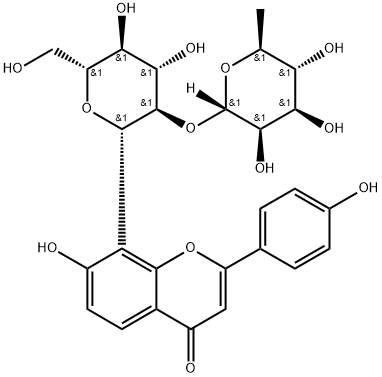 4H-1-Benzopyran-4-one, 8-[2-O-(6-deoxy-α-L-mannopyranosyl)-β-D-glucopyranosyl]-7-hydroxy-2-(4-hydroxyphenyl)- 구조식 이미지