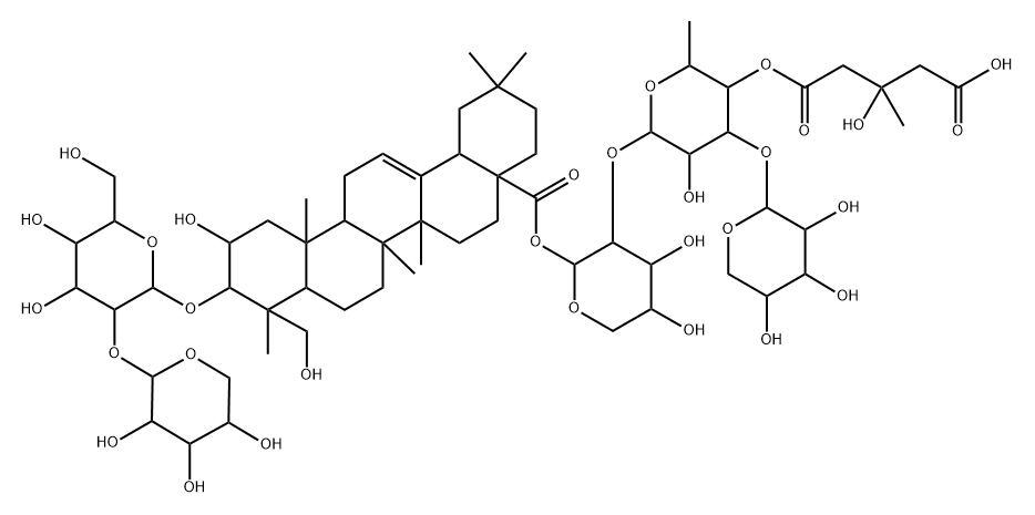 Olean-12-en-28-oic acid, 3-[(2-O-α-L-arabinopyranosyl-β-D-glucopyranosyl)oxy]-2,23-dihydroxy-, O-β-D-xylopyranosyl-(1→3)-O-4-O-(4-carboxy-3-hydroxy-3-methyl-1-oxobutyl)-6-deoxy-α-L-mannopyranosyl-(1→2)-α-L-arabinopyranosyl ester, [2β,3β,4α,28(S)]- (9CI) 구조식 이미지