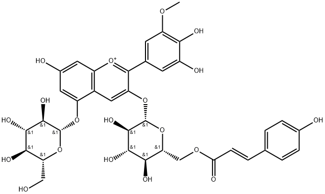 1-Benzopyrylium, 2-(3,4-dihydroxy-5-methoxyphenyl)-5-(β-D-glucopyranosyloxy)-7-hydroxy-3-[[6-O-[(2E)-3-(4-hydroxyphenyl)-1-oxo-2-propen-1-yl]-β-D-glucopyranosyl]oxy]- 구조식 이미지