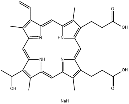 21H,23H-Porphine-2,18-dipropanoic acid, 7-ethenyl-12-(1-hydroxyethyl)-3,8,13,17-tetramethyl-, disodium salt (9CI) Structure