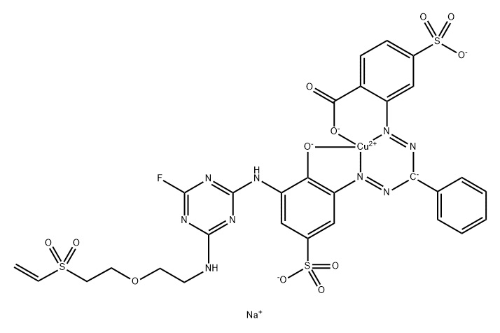 Cuprate(3-), 2-3-4-2-2-(ethenylsulfonyl)ethoxyethylamino-6-fluoro-1,3,5-triazin-2-ylamino-2-(hydroxy-.kappa.O)-5-sulfophenylazo-.kappa.N2phenylmethylazo-.kappa.N1-4-sulfobenzoato(5-)-.kappa.O-, trisodium Structure