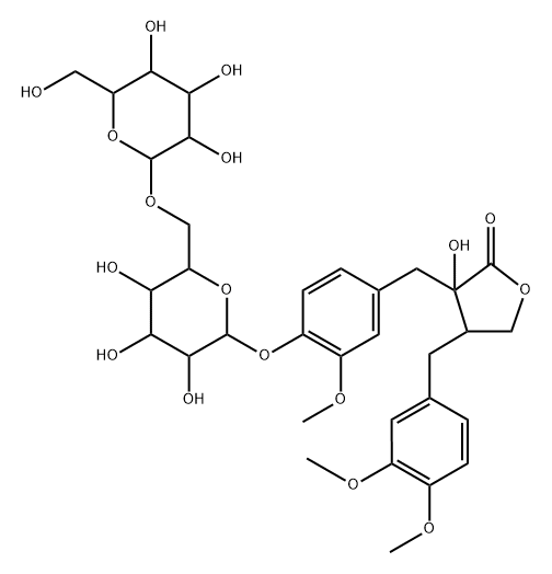 2(3H)-Furanone, 4-[(3,4-dimethoxyphenyl)methyl]-3-[[4-[(6-O-β-D-glucopyranosyl-β-D-glucopyranosyl)oxy]-3-methoxyphenyl]methyl]dihydro-3-hydroxy-, (3S,4S)- 구조식 이미지