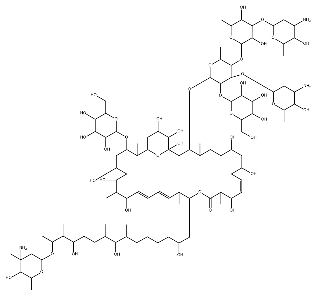 16,35-Dioxabicyclo[29.3.1]pentatriaconta-11,19,21-trien-15-one, 3-[[O-3-amino-2,3,6-trideoxy-β-D-arabino-hexopyranosyl-(1→3)-O-[O-3-amino-2,3,6-trideoxy-β-D-arabino-hexopyranosyl-(1→3)-O-6-deoxy-β-D-glucopyranosyl-(1→4)]-O-[β-D-glucopyranosyl-(1→2)]-6-deoxy-β-D-glucopyranosyl]oxy]-17-[14-[(3-amino-2,3,6-trideoxy-3-C-methyl-α-L-lyxo-hexopyranosyl)oxy]-2,8,12-trihydroxy-7,9,13-trimethylpentadecyl]-29-(β-D-glucopyranosyloxy)-1,7,9,13,23,25,27,33,34-nonahydroxy-4,14,18,24,30-pentamethyl- Structure
