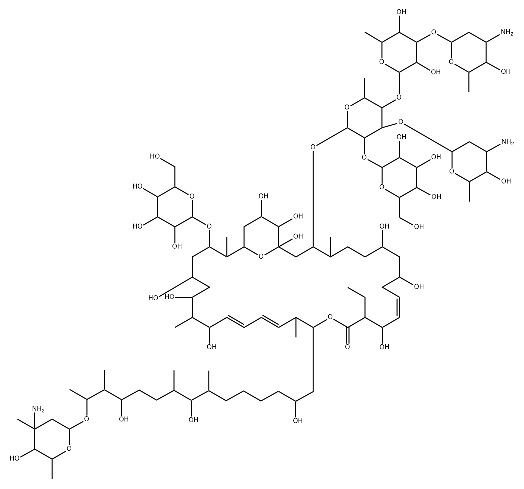 16,35-Dioxabicyclo[29.3.1]pentatriaconta-11,19,21-trien-15-one, 3-[[O-3-amino-2,3,6-trideoxy-β-D-arabino-hexopyranosyl-(1→3)-O-[O-3-amino-2,3,6-trideoxy-β-D-arabino-hexopyranosyl-(1→3)-O-6-deoxy-β-D-glucopyranosyl-(1→4)]-O-[β-D-glucopyranosyl-(1→2)]-6-deoxy-β-D-glucopyranosyl]oxy]-17-[14-[(3-amino-2,3,6-trideoxy-3-C-methyl-α-L-lyxo-hexopyranosyl)oxy]-2,8,12-trihydroxy-7,9,13-trimethylpentadecyl]-14-ethyl-29-(β-D-glucopyranosyloxy)-1,7,9,13,23,25,27,33,34-nonahydroxy-4,18,24,30-tetramethyl- Structure