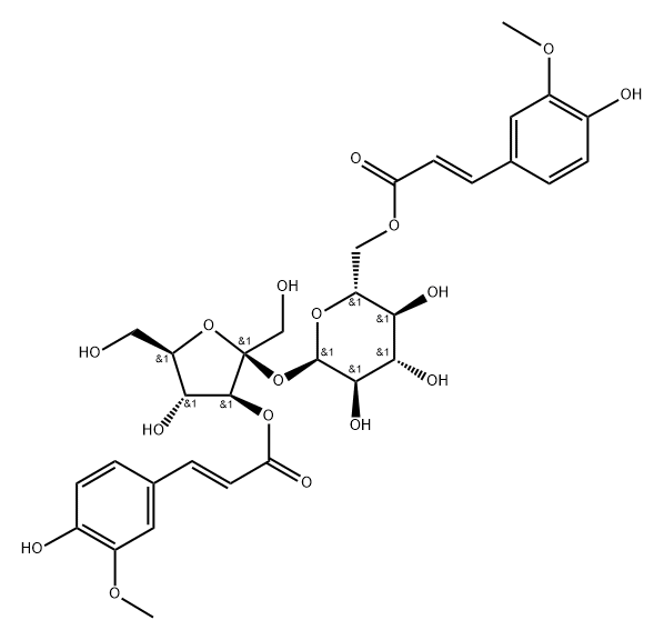 α-D-Glucopyranoside, 3-O-[(2E)-3-(4-hydroxy-3-methoxyphenyl)-1-oxo-2-propen-1-yl]-β-D-fructofuranosyl, 6-[(2E)-3-(4-hydroxy-3-methoxyphenyl)-2-propenoate] 구조식 이미지