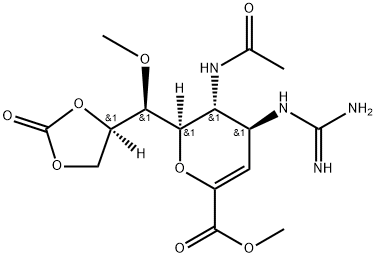 D-glycero-D-galacto-Non-2-enonic acid, 5-(acetylamino)-4-[(aminoiminomethyl)amino]-2,6-anhydro-3,4,5-trideoxy-7-O-methyl-, methyl ester, cyclic 8,9-carbonate Structure