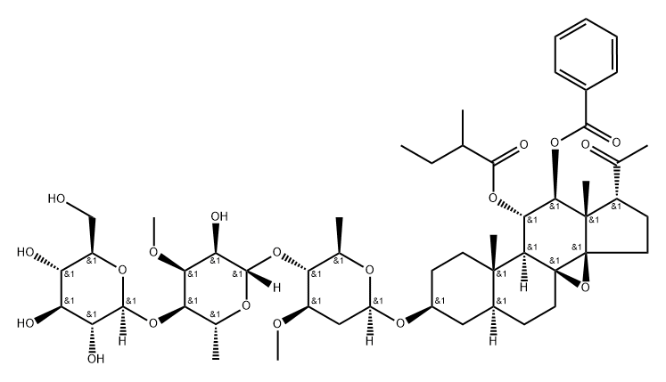 Pregnan-20-one, 12-(benzoyloxy)-8,14-epoxy-3-[(O-β-D-glucopyranosyl-(1→4)-O-6-deoxy-3-O-methyl-β-D-allopyranosyl-(1→4)-2,6-dideoxy-3-O-methyl-β-D-arabino-hexopyranosyl)oxy]-11-(2-methylbutoxy)-, (3β,5α,11α,12β,14β,17α)- (9CI) Structure