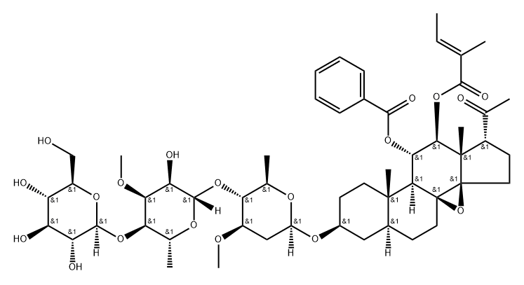 Pregnan-20-one, 11-(benzoyloxy)-8,14-epoxy-3-[(O-β-D-glucopyranosyl-(1→4)-O-6-deoxy-3-O-methyl-β-D-allopyranosyl-(1→4)-2,6-dideoxy-3-O-methyl-β-D-arabino-hexopyranosyl)oxy]-12-[[(2E)-2-methyl-1-oxo-2-buten-1-yl]oxy]-, (3β,5α,11α,12β,14β,17α)- Structure