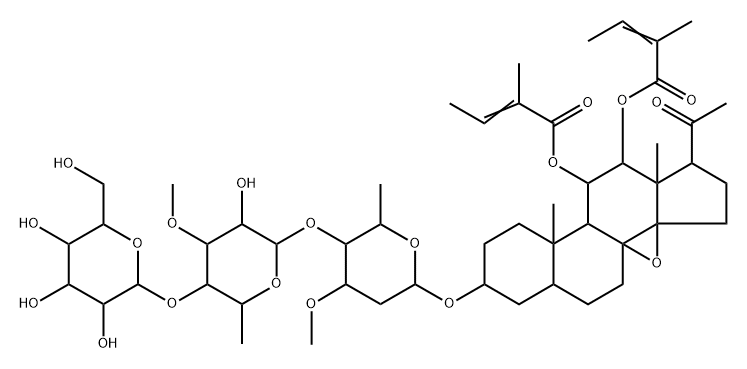 Pregnan-20-one, 8,14-epoxy-3-[(O-β-D-glucopyranosyl-(1→4)-O-6-deoxy-3-O-methyl-β-D-allopyranosyl-(1→4)-O-2,6-dideoxy-3-O-methyl-β-D-arabino-hexopyranosyl)oxy]-11,12-bis[[(2E)-2-methyl-1-oxo-2-buten-1-yl]oxy]-, (3β,5α,11α,12β,14β,17α)- 구조식 이미지