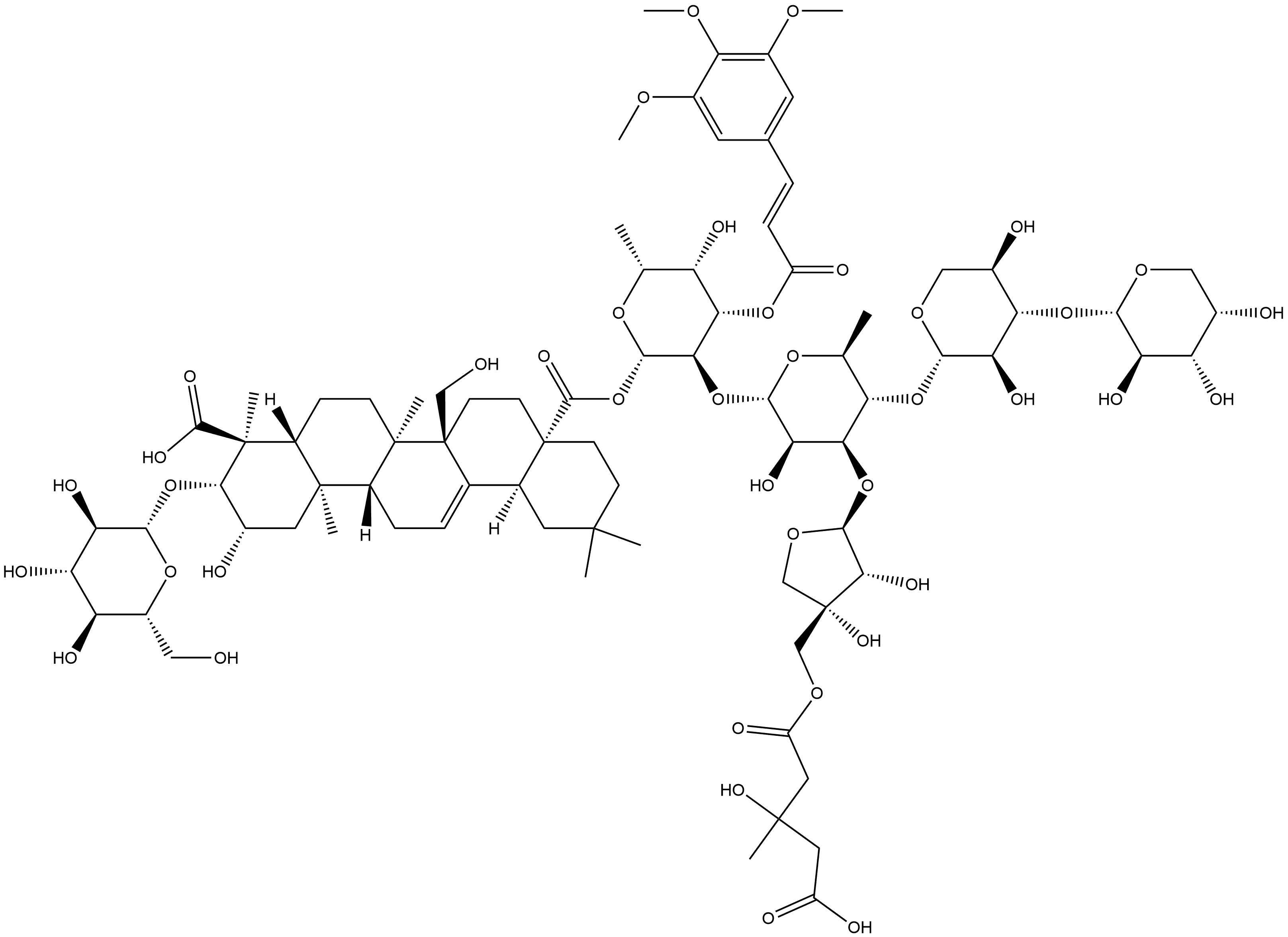 Olean-12-ene-23,28-dioic acid, 3-(β-D-glucopyranosyloxy)-2,27-dihydroxy-, 28-[O-α-L-arabinopyranosyl-(1→3)-O-β-D-xylopyranosyl-(1→4)-O-[5-O-(4-carboxy-3-hydroxy-3-methyl-1-oxobutyl)-D-apio-β-D-furanosyl-(1→3)]-O-6-deoxy-α-L-mannopyranosyl-(1→2)-6-deoxy-3-O-[(2E)-1-oxo-3-(3,4,5-trimethoxyphenyl)-2-propen-1-yl]-β-D-galactopyranosyl] ester, (2β,3β,4α)- Structure