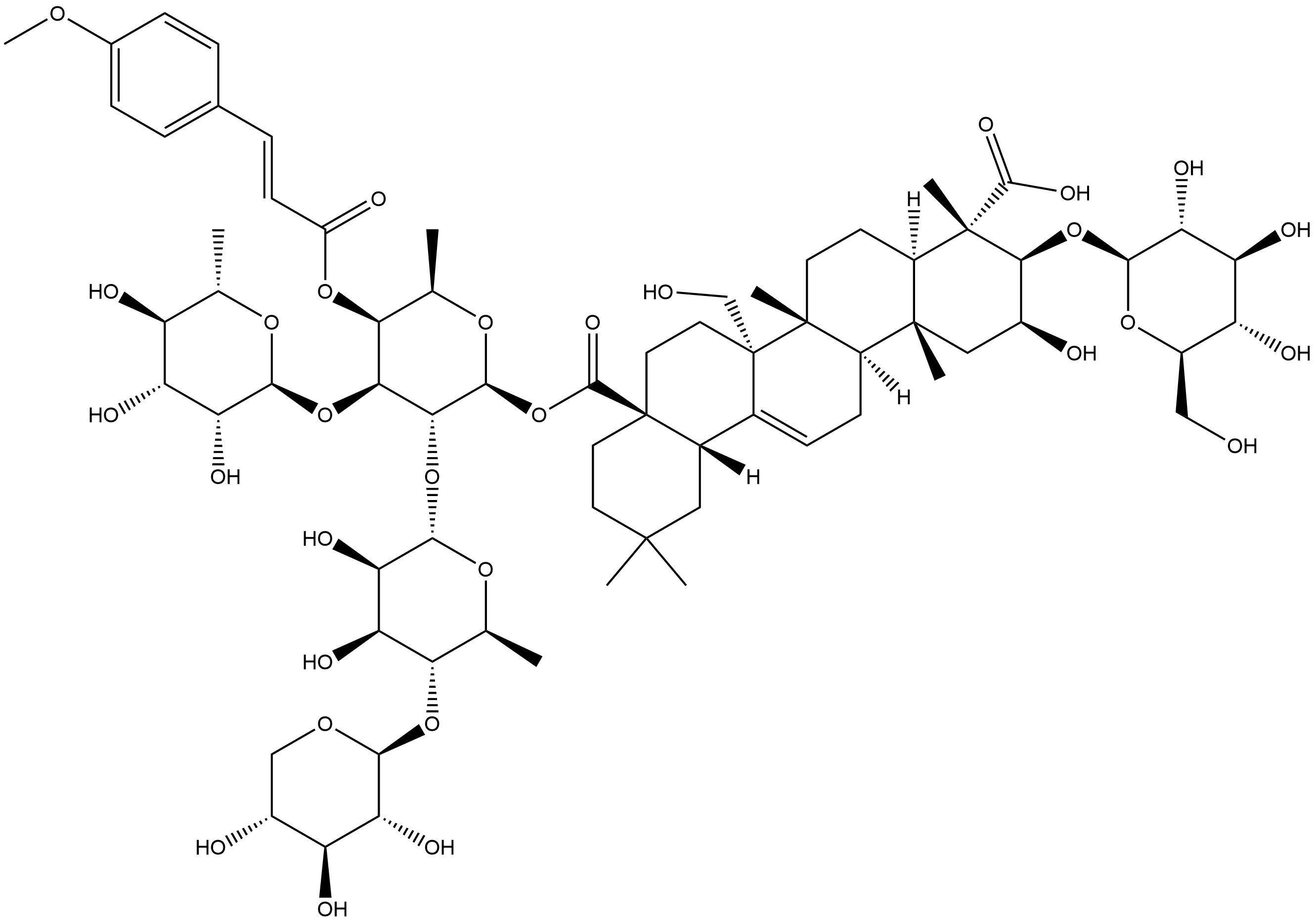 Olean-12-ene-23,28-dioic acid, 3-(β-D-glucopyranosyloxy)-2,27-dihydroxy-, 28-[O-β-D-xylopyranosyl-(1→4)-O-6-deoxy-α-L-mannopyranosyl-(1→2)-O-[6-deoxy-α-L-mannopyranosyl-(1→3)]-6-deoxy-4-O-[(2E)-3-(4-methoxyphenyl)-1-oxo-2-propen-1-yl]-β-D-galactopyranosyl] ester, (2β,3β,4α)- 구조식 이미지