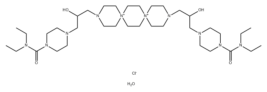4-[3-[12-[3-[4-(diethylcarbamoyl)piperazin-1-yl]-2-hydroxypropyl]-3,12-diaza-6,9-diazoniadispiro[5.2.5^{9}.2^{6}]hexadecan-3-yl]-2-hydroxypropyl]-N,N-diethylpiperazine-1-carboxamide dichloride tetrahydrate 구조식 이미지