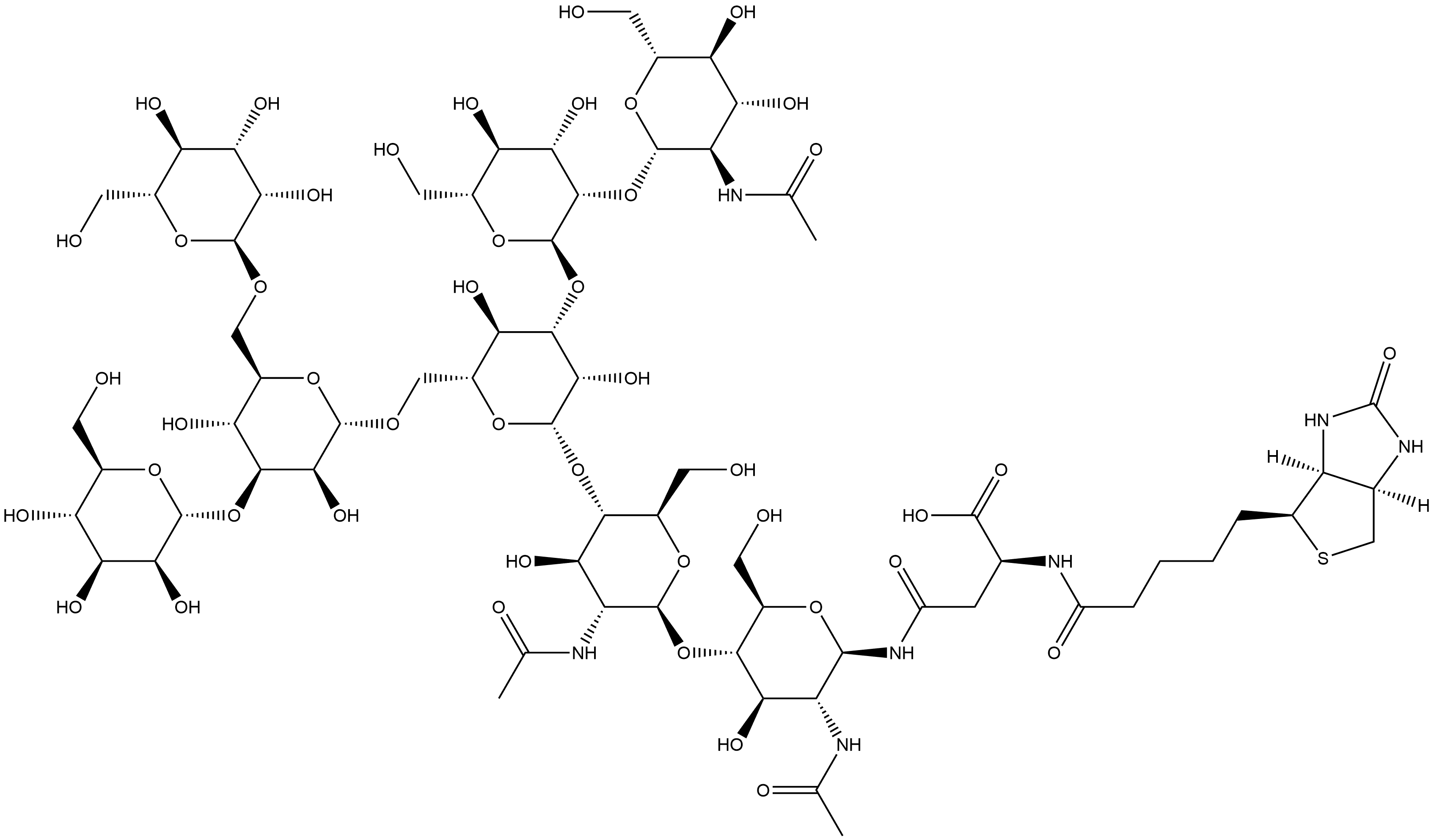 3aS-(3aα,4β,6aα)]-N-[O-2-(acetylamino)-2-deoxy-β-D-glucopyranosyl-(1→2)-O-α-D-mannopyranosyl-(1→3)-O-[O-α-D-mannopyranosyl-(1→3)-O-[α-D-mannopyranosyl-(1→6)]-α-D-mannopyranosyl-(1→6)]-O-β-D-mannopyranosyl-(1→4)-O-2-(acetylamino)-2-deoxy-β-D-glucopyranosyl-(1→4)-2-(acetylamino)-2-deoxy-β-D-glucopyranosyl]-N2-[5-(hexahydro-2-oxo-1H-thieno[3,4-d]imidazol-4-yl)-1-oxopentyl]-L-Asparagine Structure