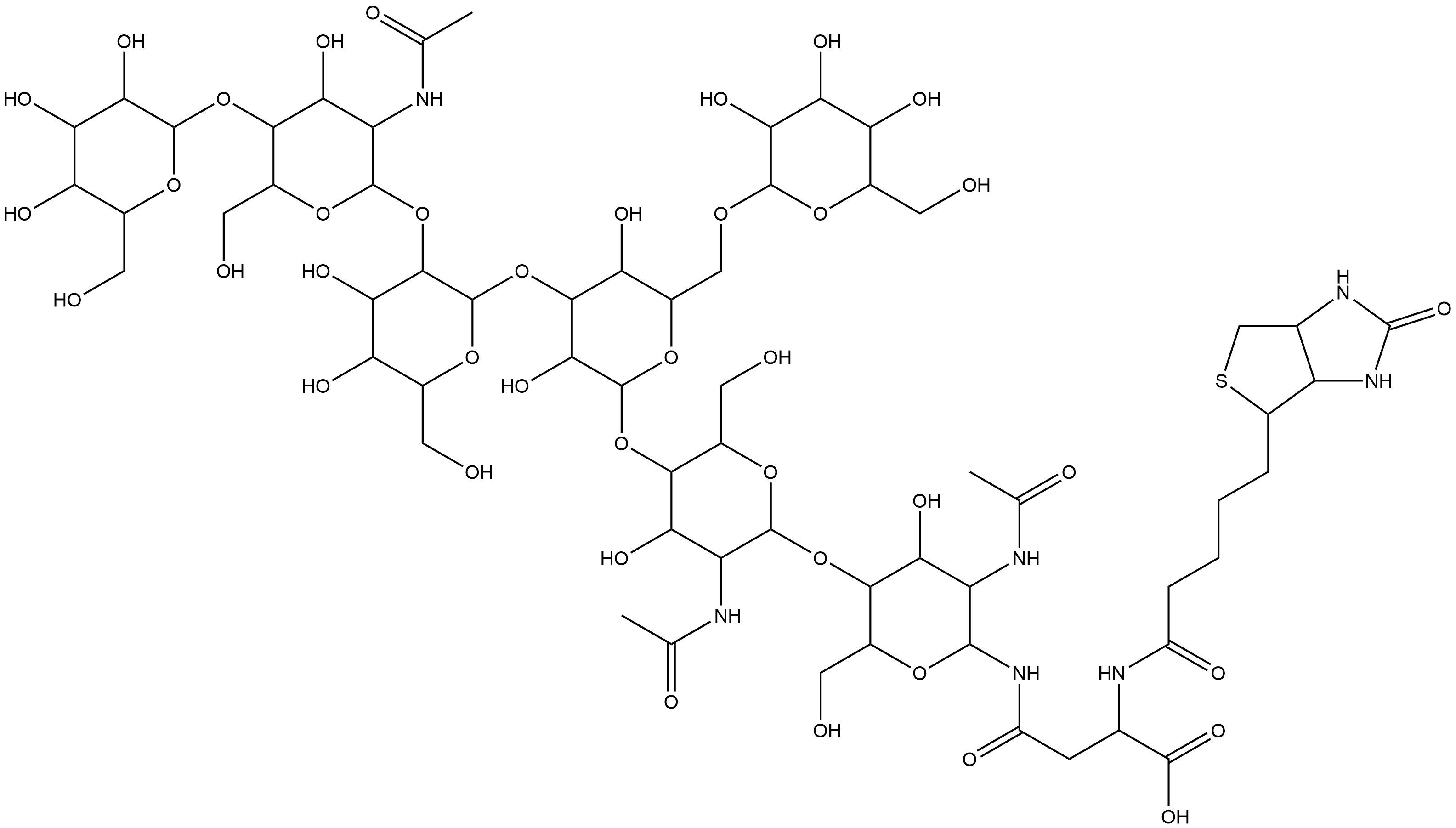 3aS-(3aα,4β,6aα)]-N-[O-β-D-galactopyranosyl-(1→4)-O-2-(acetylamino)-2-deoxy-β-D-glucopyranosyl-(1→2)-O-α-D-mannopyranosyl-(1→3)-O-[α-D-mannopyranosyl-(1→6)]-O-β-D-mannopyranosyl-(1→4)-O-2-(acetylamino)-2-deoxy-β-D-glucopyranosyl-(1→4)-2-(acetylamino)-2-deoxy-β-D-glucopyranosyl]-N2-[5-(hexahydro-2-oxo-1H-thieno[3,4-d]imidazol-4-yl)-1-oxopentyl]-L-Asparagine Structure