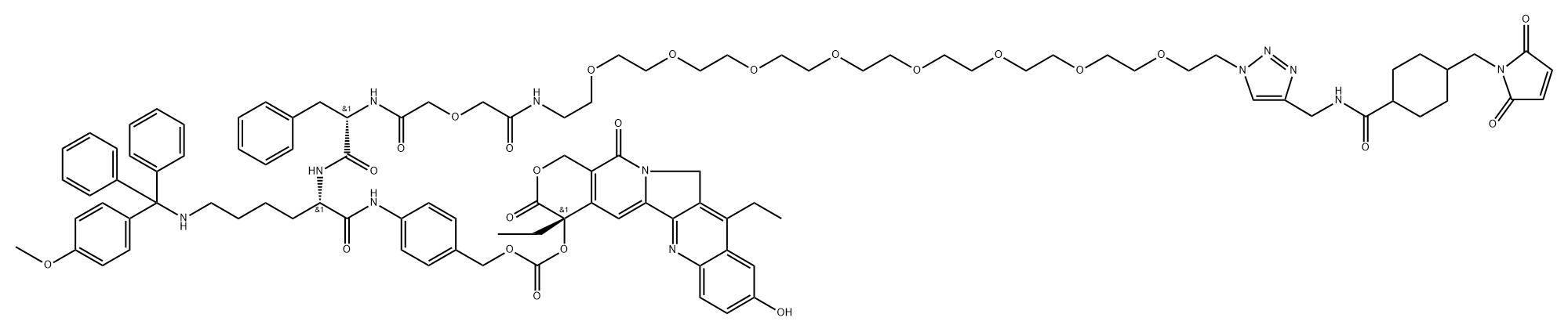 L-Lysinamide, N-[32-[4-[[[[4-[(2,5-dihydro-2,5-dioxo-1H-pyrrol-1-yl)methyl]cyclohexyl]carbonyl]amino]methyl]-1H-1,2,3-triazol-1-yl]-1,5-dioxo-3,9,12,15,18,21,24,27,30-nonaoxa-6-azadotriacont-1-yl]-L-phenylalanyl-N-[4-[[[[[(4S)-4,11-diethyl-3,4,12,14-tetrahydro-9-hydroxy-3,14-dioxo-1H-pyrano[3′,4′:6,7]indolizino[1,2-b]quinolin-4-yl]oxy]carbonyl]oxy]methyl]phenyl]-N6-[(4-methoxyphenyl)diphenylmethyl]- Structure