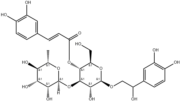 β-D-Glucopyranoside, 2-(3,4-dihydroxyphenyl)-2-hydroxyethyl 3-O-(6-deoxy-α-L-mannopyranosyl)-, 4-[(2E)-3-(3,4-dihydroxyphenyl)-2-propenoate] 구조식 이미지