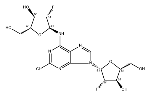 (3R,4R,5S,6S)-6-((2-chloro-9-((2R,3S,4R,5R)-3-fluoro-4-hydroxy-5-(hydroxymethyl)tetrahydrofuran-2-yl)-9H-purin-6-yl)amino)-5-fluorotetrahydro-2H-pyran-3,4-diol 구조식 이미지