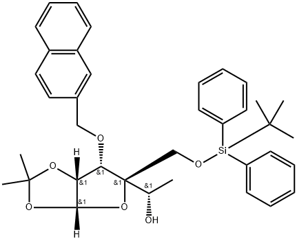 β-L-Mannofuranose, 6-deoxy-4-C-[[[(1,1-dimethylethyl)diphenylsilyl]oxy]methyl]-1,2-O-(1-methylethylidene)-3-O-(2-naphthalenylmethyl)- Structure