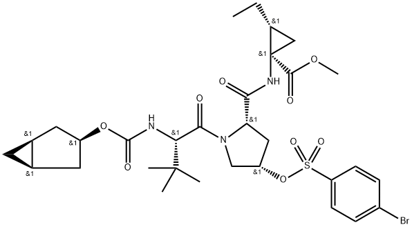 Cyclopropanecarboxyl?ic acid, N-?[[(1α,?3β,?5α)?-?bicyclo[3.1.0]?hex-?3-?yloxy]?carbonyl]?-?3-?methyl-?L-?valyl-?(4S)?-?4-?[[(4-?bromophenyl)?sulfonyl]?oxy]?-?L-?prolyl-?1-?amino-?2-?ethyl-?, methyl ester, (1R,?2R)?- 구조식 이미지