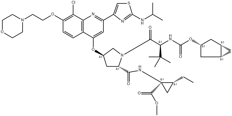 Cyclopropanecarboxyl?ic acid, N-?[[(1α,?3β,?5α)?-?bicyclo[3.1.0]?hex-?3-?yloxy]?carbonyl]?-?3-?methyl-?L-?valyl-?(4R)?-?4-?[[8-?chloro-?2-?[2-?[(1-?methylethyl)?amino]?-?4-?thiazolyl]?-?7-?[2-?(4-?morpholinyl)?ethoxy]?-?4-?quinolinyl]?oxy]?-?L-?prolyl-?1-?amino-?2-?ethyl-?, methyl ester, (1R,?2R)?- 구조식 이미지