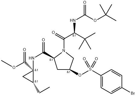 Cyclopropanecarboxyl?ic acid, N-?[(1,?1-?dimethylethoxy)?carbonyl]?-?3-?methyl-?L-?valyl-?(4S)?-?4-?[[(4-?bromophenyl)?sulfonyl]?oxy]?-?L-?prolyl-?1-?amino-?2-?ethyl-?, methyl ester, (1R,?2R)?- Structure