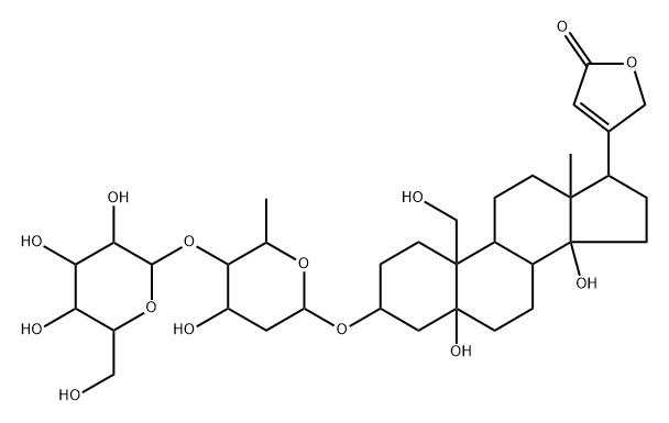 (3beta,5beta)-3-[(2,6-dideoxy-4-O-beta-D\-glucopyranosyl-beta-D\-ribo-hexopyranosyl)oxy]-5,14,19-trihydroxycard-20(22)-enolide Structure