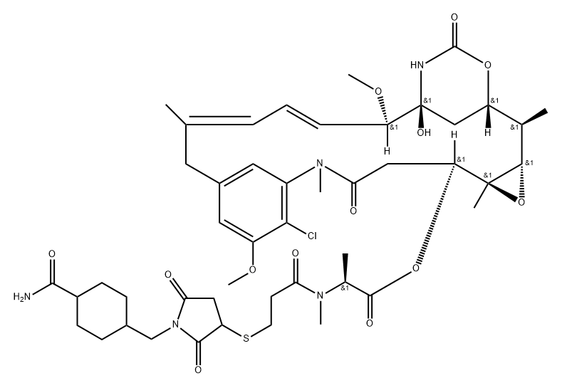 Maytansine, N2'-[3-[[1-[[4-(aminocarbonyl)cyclohexyl]methyl]-2,5-dioxo-3-pyrrolidinyl]thio]-1-oxopropyl]-N2'-deacetyl- Structure