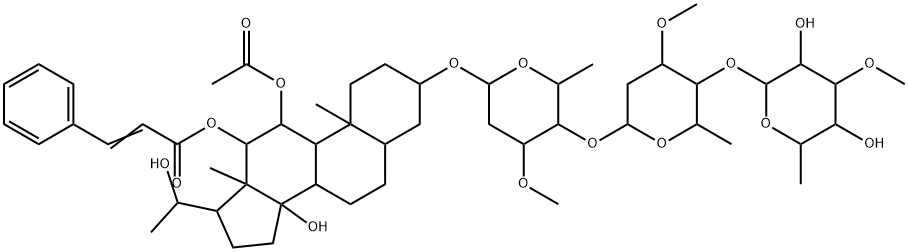 Pregnane-11,12,14,20-tetrol, 3-[(O-6-deoxy-3-O-methyl-β-D-allopyranosyl-(1→4)-O-2,6-dideoxy-3-O-methyl-β-D-arabino-hexopyranosyl-(1→4)-2,6-dideoxy-3-O-methyl-β-D-ribo-hexopyranosyl)oxy]-, 11-acetate 12-(3-phenyl-2-propenoate), (3β,11α,12β,14β)- (9CI) Structure