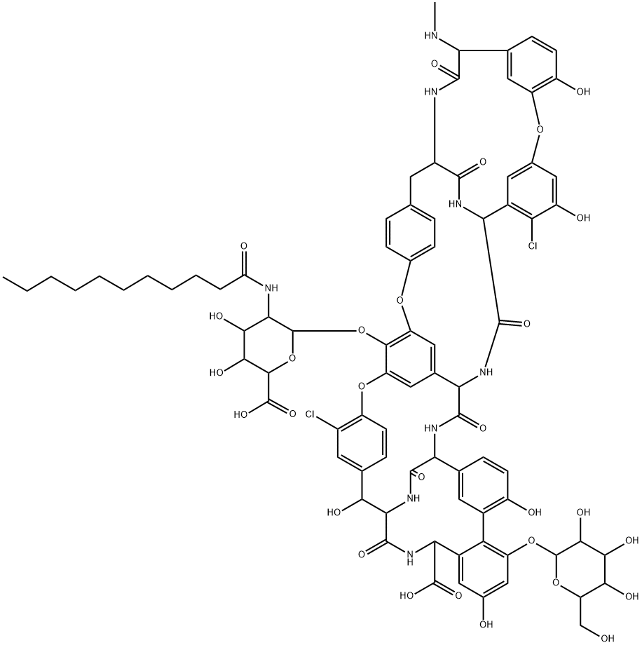 Ristomycin A aglycone, 5,31-dichloro-7-demethyl-64-O-demethyl-19-deoxy-56-O-[2-deoxy-2-[(1-oxoundecyl)amino]-β-D-glucopyranuronosyl]-42-O-α-D-mannopyranosyl-N15-methyl- Structure