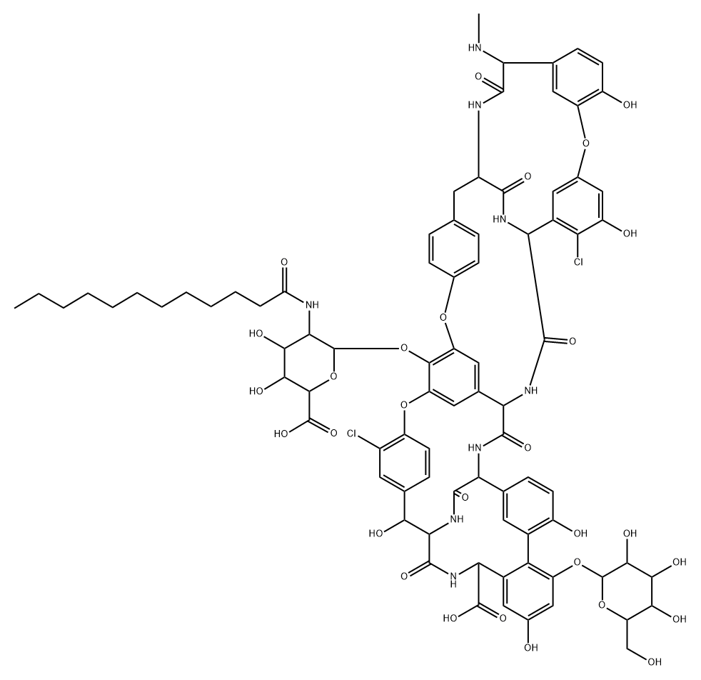 Ristomycin A aglycone, 5,31-dichloro-7-demethyl-64-O-demethyl-19-deoxy-56-O-[2-deoxy-2-[(1-oxododecyl)amino]-β-D-glucopyranuronosyl]-42-O-α-D-mannopyranosyl-N15-methyl- Structure