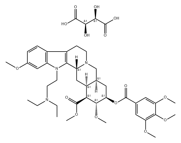 Yohimban-16-carboxylic acid, 1-[2-(diethylamino)ethyl]-11,17-dimethoxy-18-[(3,4,5-trimethoxybenzoyl)oxy]-, methyl ester, (3beta,16beta,17alpha,18beta,20alpha)-, [R-(R*,R*)]-2,3-dihydroxybutanedionate (1:1) Structure