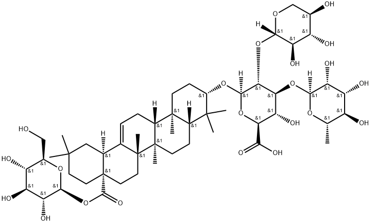 β-D-glucopyranosyl 3-O-[(O-β-D-xylopyranosyl-(1→2) (O-α-L-rhamnopyranosyl(1→3)β-D-glucuronopyranosyl]oleanolate Structure