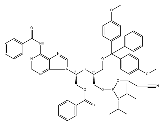 [(2R)-2-(6-Benzamidopurin-9-yl)-2-[(2R)-1-[bis(4-methoxyphenyl)-phenylmethoxy]-3-[2-cyanoethoxy-[di(propan-2-yl)amino]phosphanyl]oxypropan-2-yl]oxyethyl] benzoate 구조식 이미지