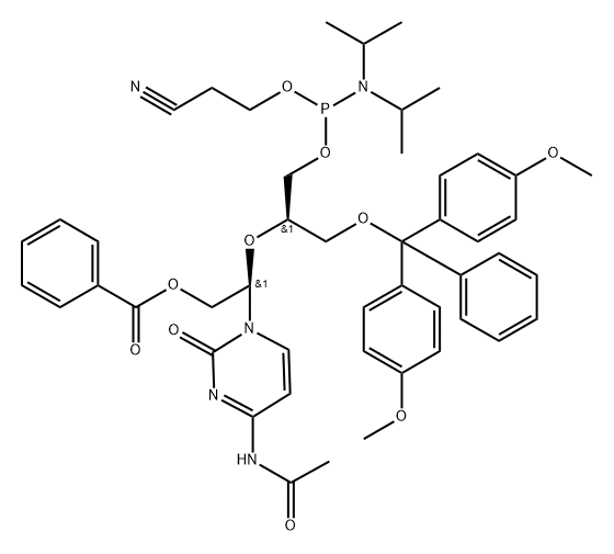 Phosphoramidous acid, N,N-bis(1-methylethyl)-, (2R)-2-[(1R)-1-[4-(acetylamino)-2-oxo-1(2H)-pyrimidinyl]-2-(benzoyloxy)ethoxy]-3-[bis(4-methoxyphenyl)phenylmethoxy]propyl 2-cyanoethyl ester Structure
