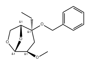 .beta.-D-ribo-Hexopyranose, 1,6-anhydro-3-deoxy-4-C-ethyl-2-O-methyl-4-O-(phenylmethyl)- 구조식 이미지