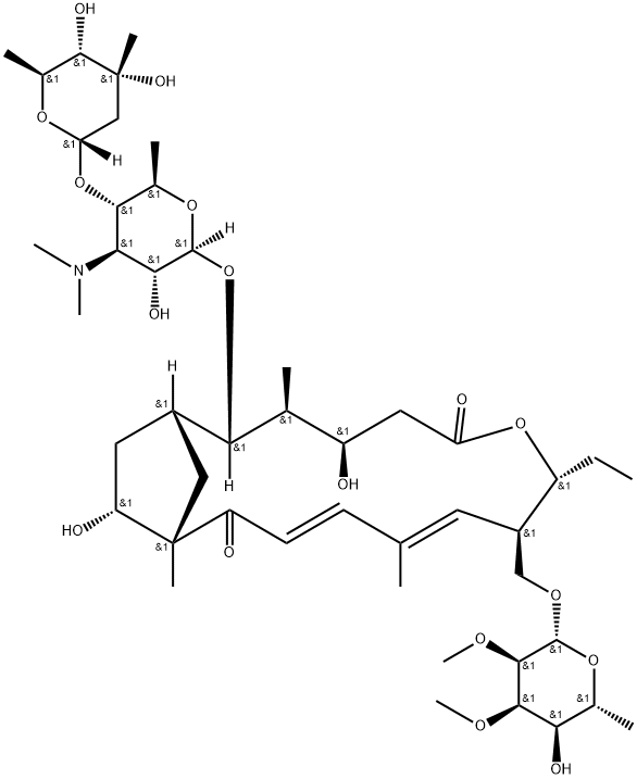 7-Oxabicyclo[13.2.1]octadeca-10,12-diene-6,14-dione, 9-[[(6-deoxy-2,3-di-O-methyl-β-D-allopyranosyl)oxy]methyl]-2-[[3,6-dideoxy-4-O-(2,6-dideoxy-3-C-methyl-α-L-ribo-hexopyranosyl)-3-(dimethylamino)-β-D-glucopyranosyl]oxy]-8-ethyl-4,16-dihydroxy-3,11,15-trimethyl-, (1R,2S,3S,4R,8R,9R,10E,12E,15S,16R)- 구조식 이미지